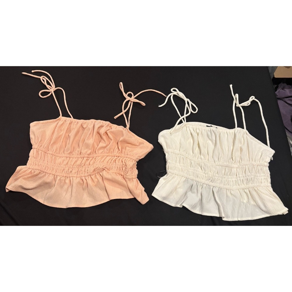Forever 21 Lot of 2 Cropped Tank Tops Pink White Smocked Tie Strap Womens M L